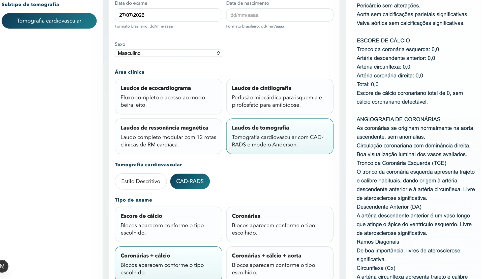 Tomografia cardíaca · modo CAD-RADS